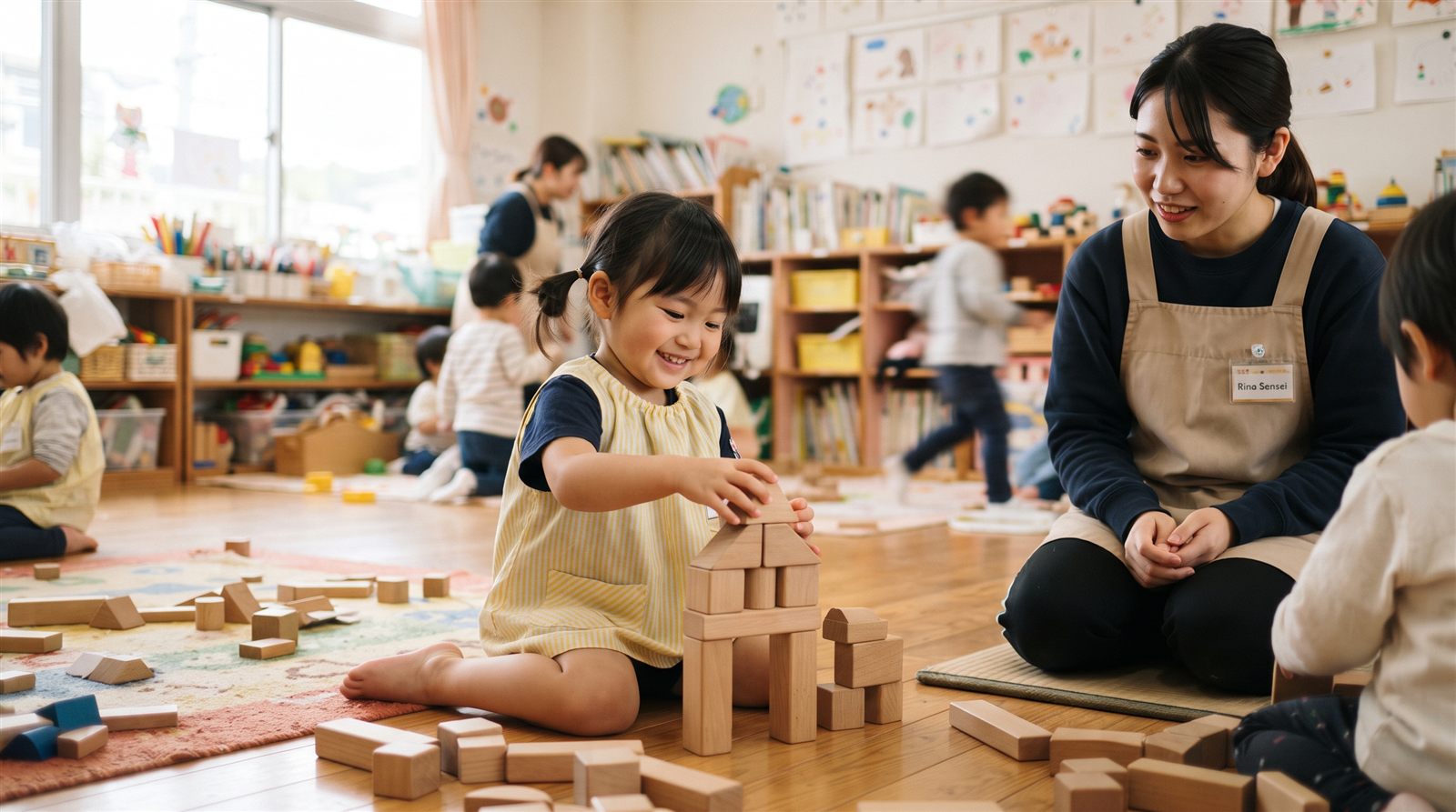 日本の保育園の明るい保育室で、4歳くらいの子どもが積み木で遊び、そばに女性の保育士がしゃがんでいる