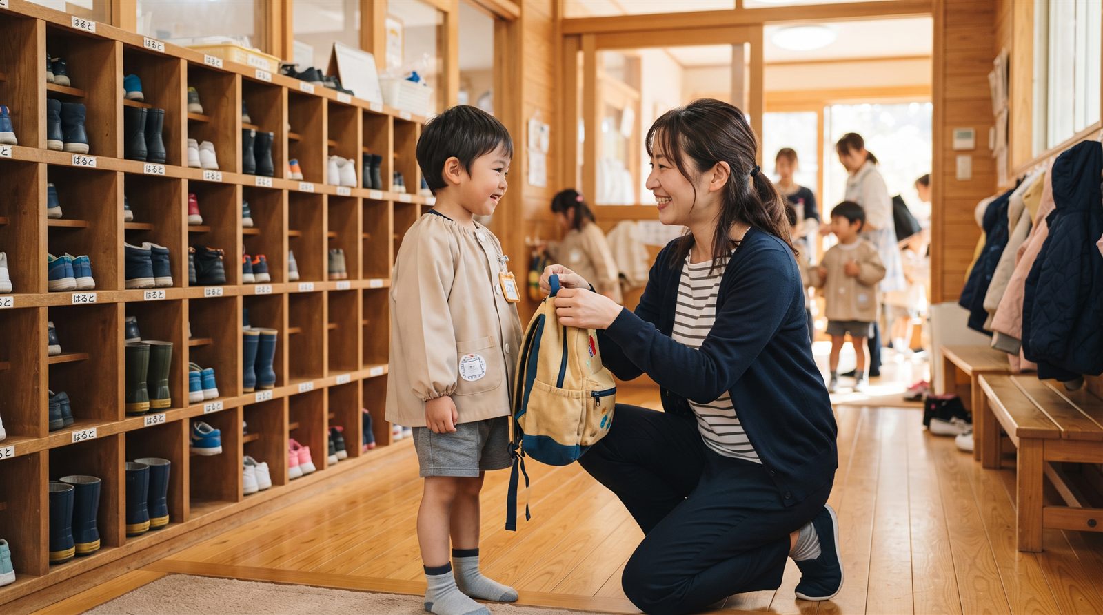 日本の保育園の玄関で、母親がしゃがんで3歳くらいの男の子にリュックを手渡し、後ろに木製の下駄箱が並んでいる