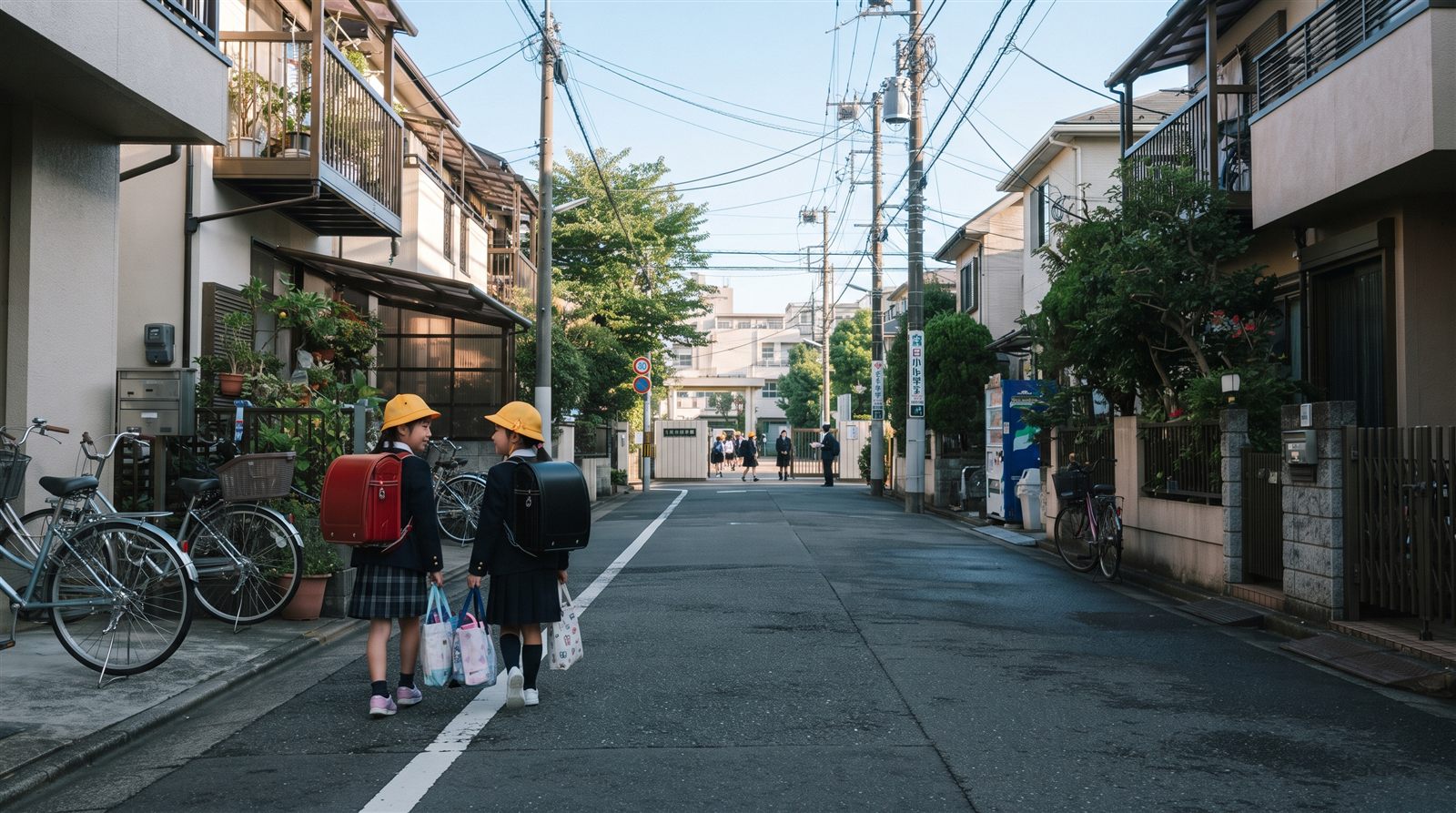 朝の東京の住宅街の路地。ランドセルを背負った小学生の女の子2人が、奥に見える小学校の門へ向かって歩いている
