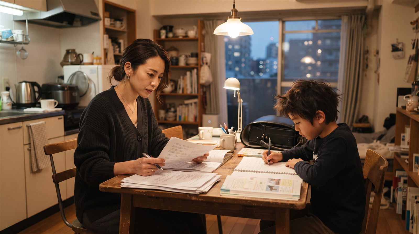 東京のマンションの部屋のダイニングテーブルで、母親が書類に目を通し、隣で小学生の男の子がノートに書きこんでいる。夜の室内灯