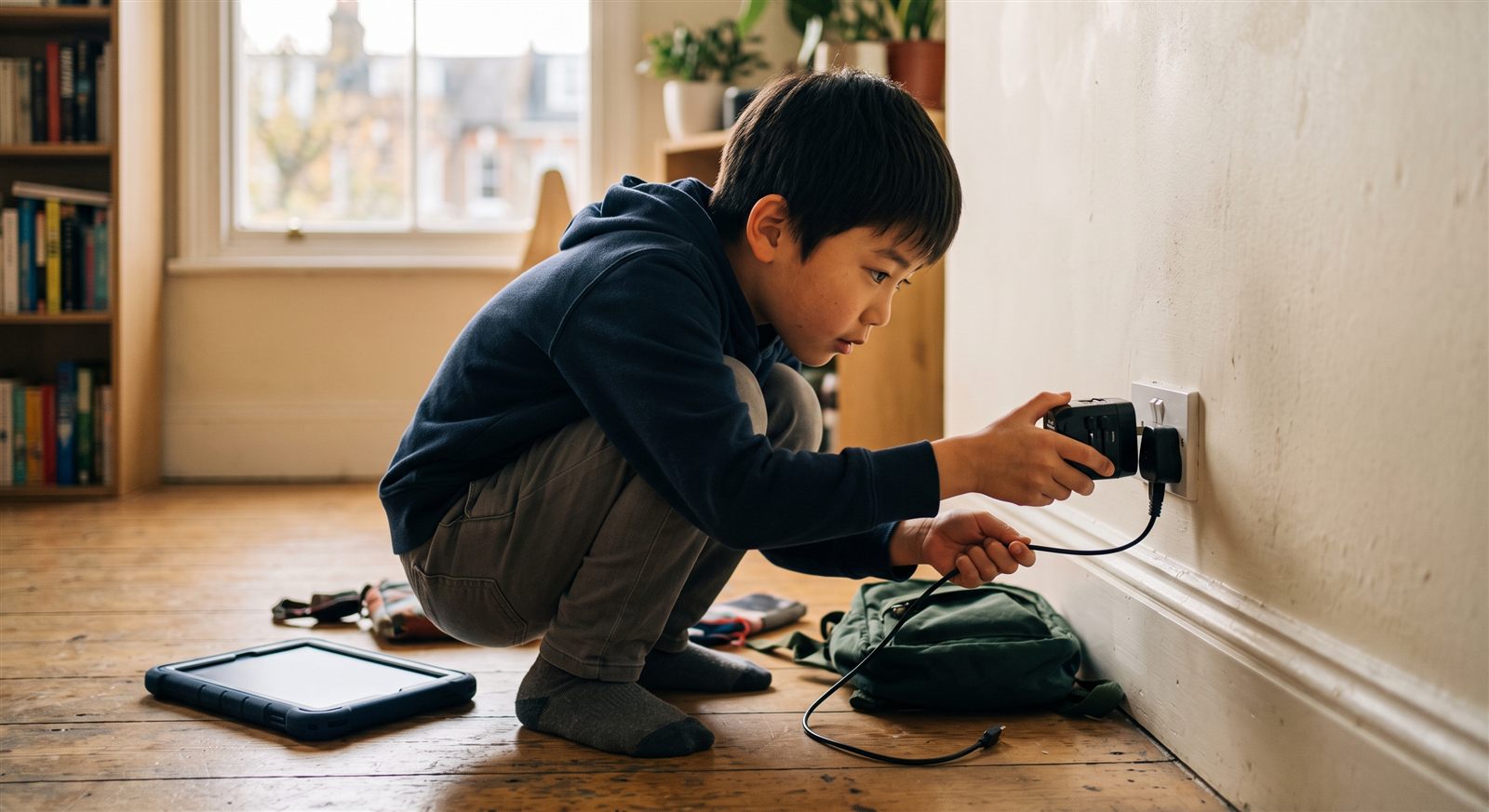 海外の住まいで変換プラグを使いタブレットを充電する小学生の男の子