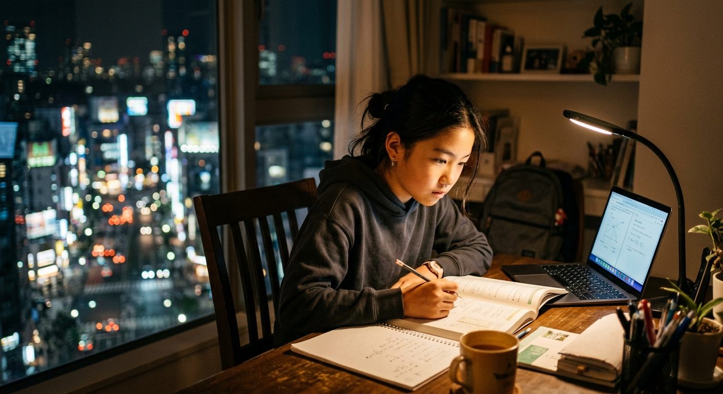 海外の住まいで夜遅く、机に向かって集中して受験勉強に取り組む中学受験学年の女の子