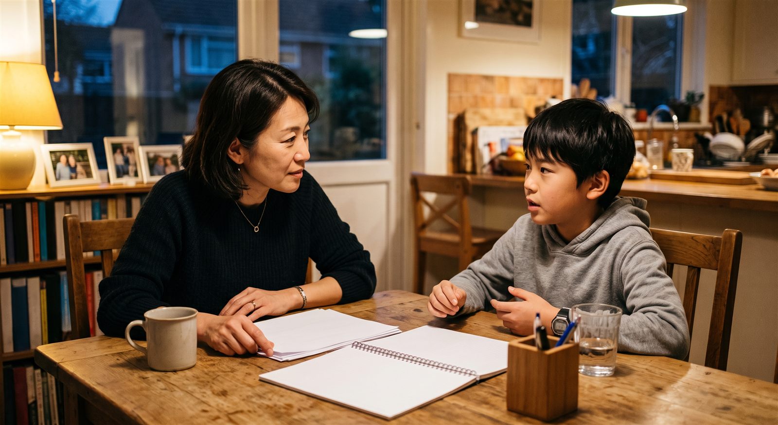 海外の自宅の食卓で、進路や受験の予定について真剣に話し合う母親と中学受験学年の息子