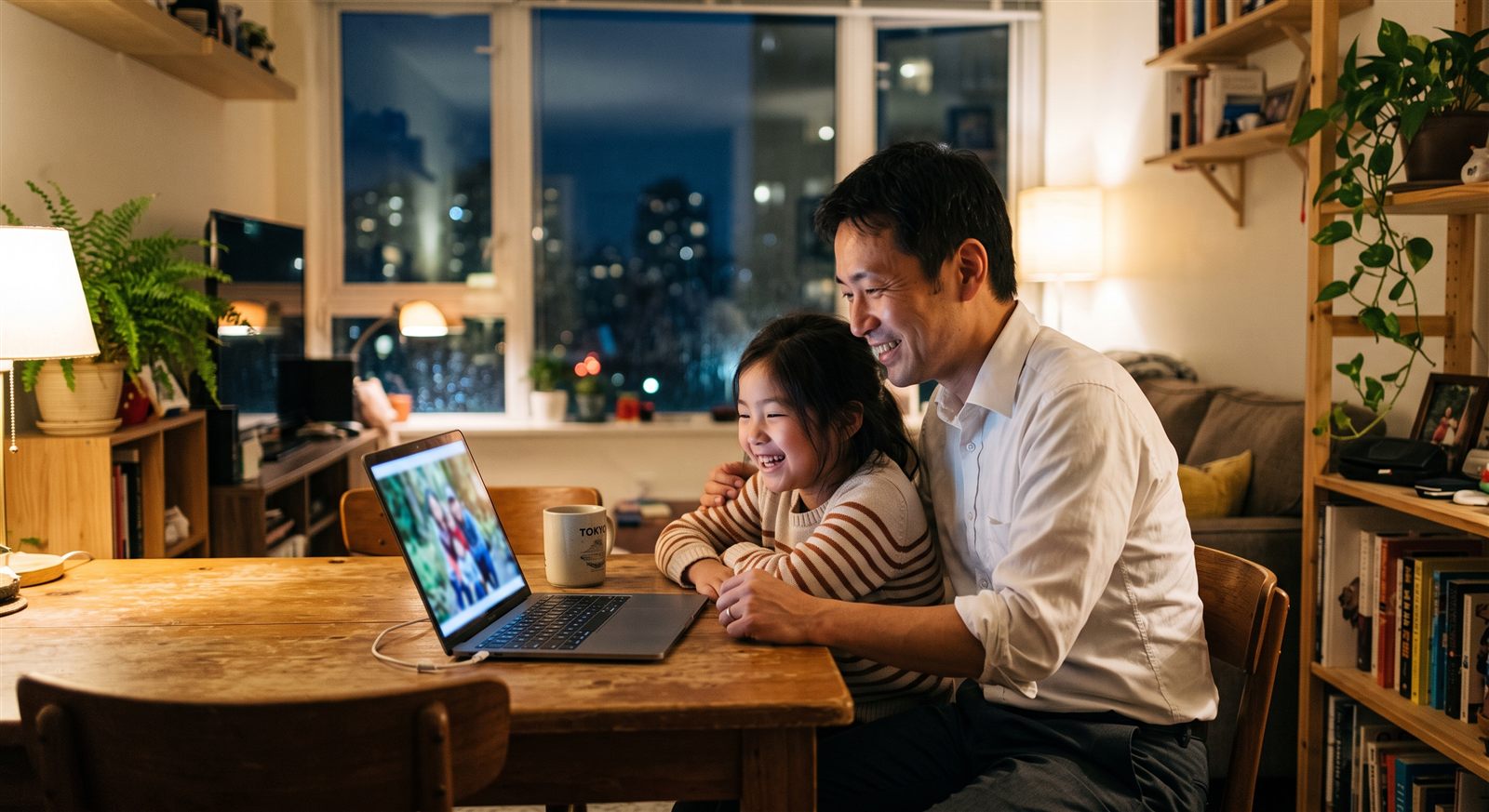 海外の住まいで、仕事から帰った父親が小学生の娘と一緒にノートPCの画面を見て笑う夜の時間