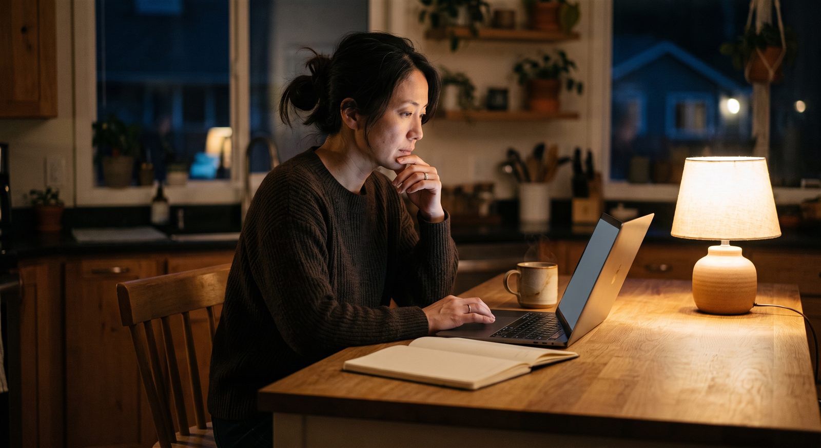 海外の自宅のキッチンで、夜にノートPCで子どもの学習先を比較検討する母親