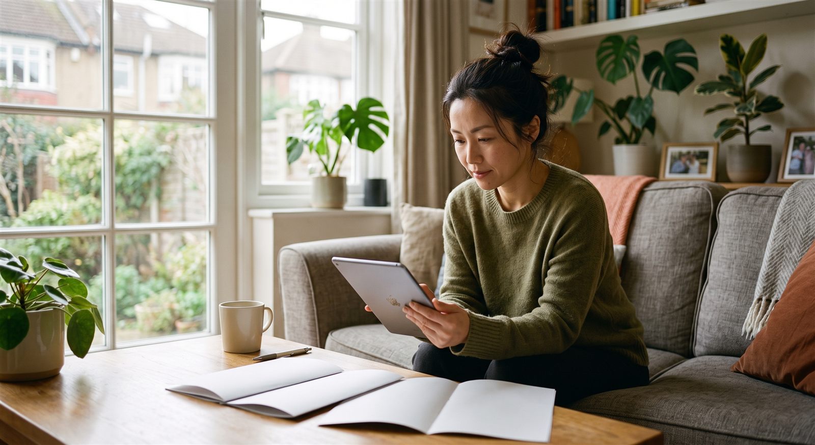 海外のリビングでタブレットと資料を広げ、子どもの通信教育を比較検討する母親