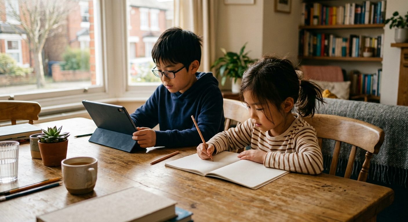 海外の自宅で、兄はタブレット・妹は紙のノートと、それぞれの教材で並んで学ぶ兄妹
