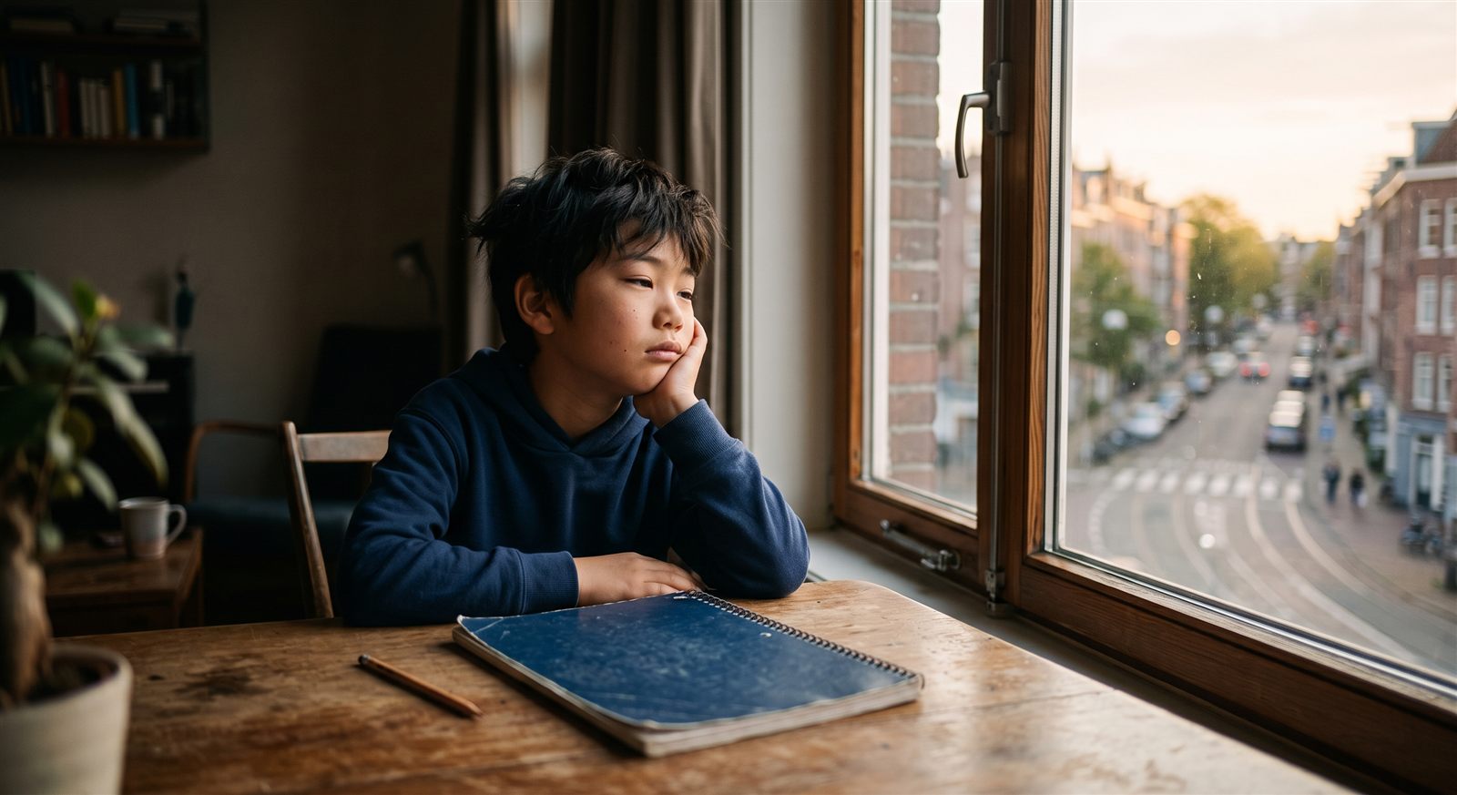 海外の住まいで、閉じたままの教材を前に頬づえをつき窓の外を見る小学生の男の子