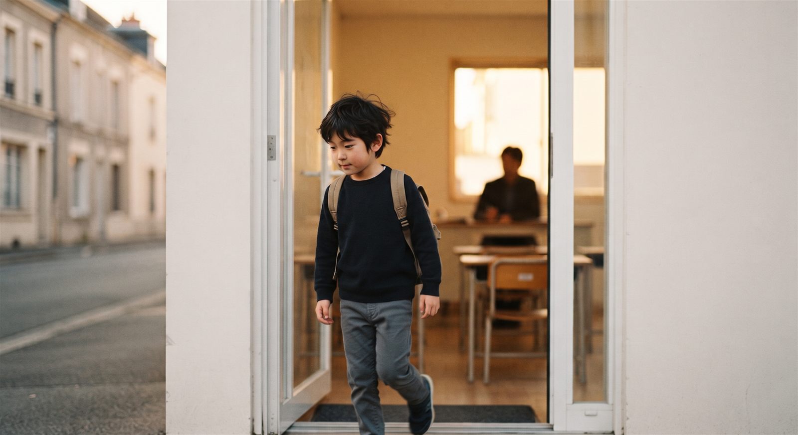 海外の小さな学習教室に入っていくリュック姿の男の子