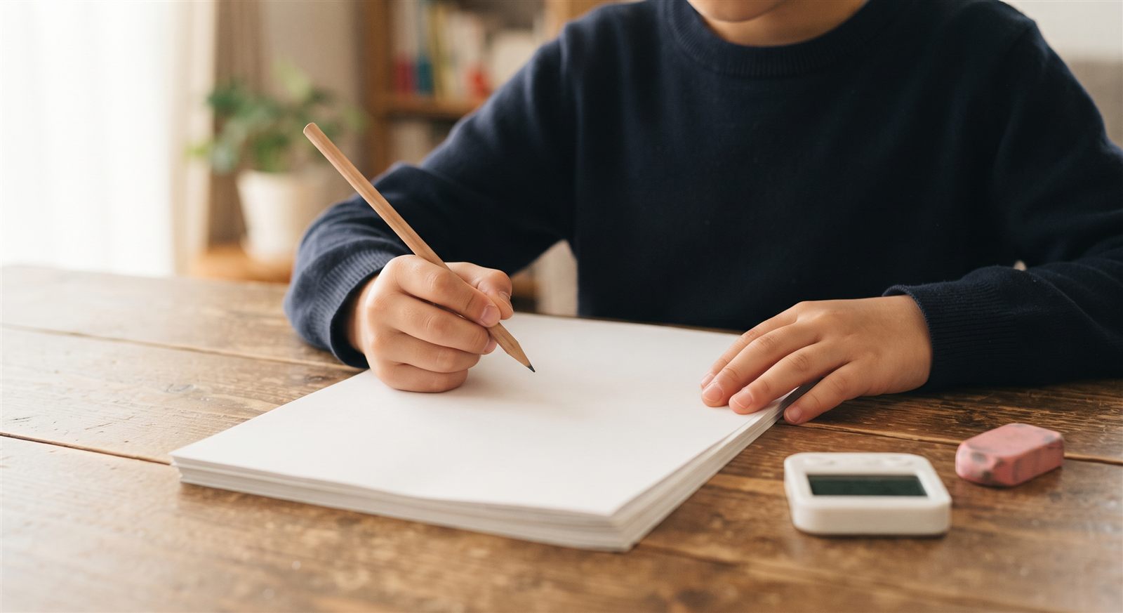 机に向かってプリント学習に取り組む子どもの手元