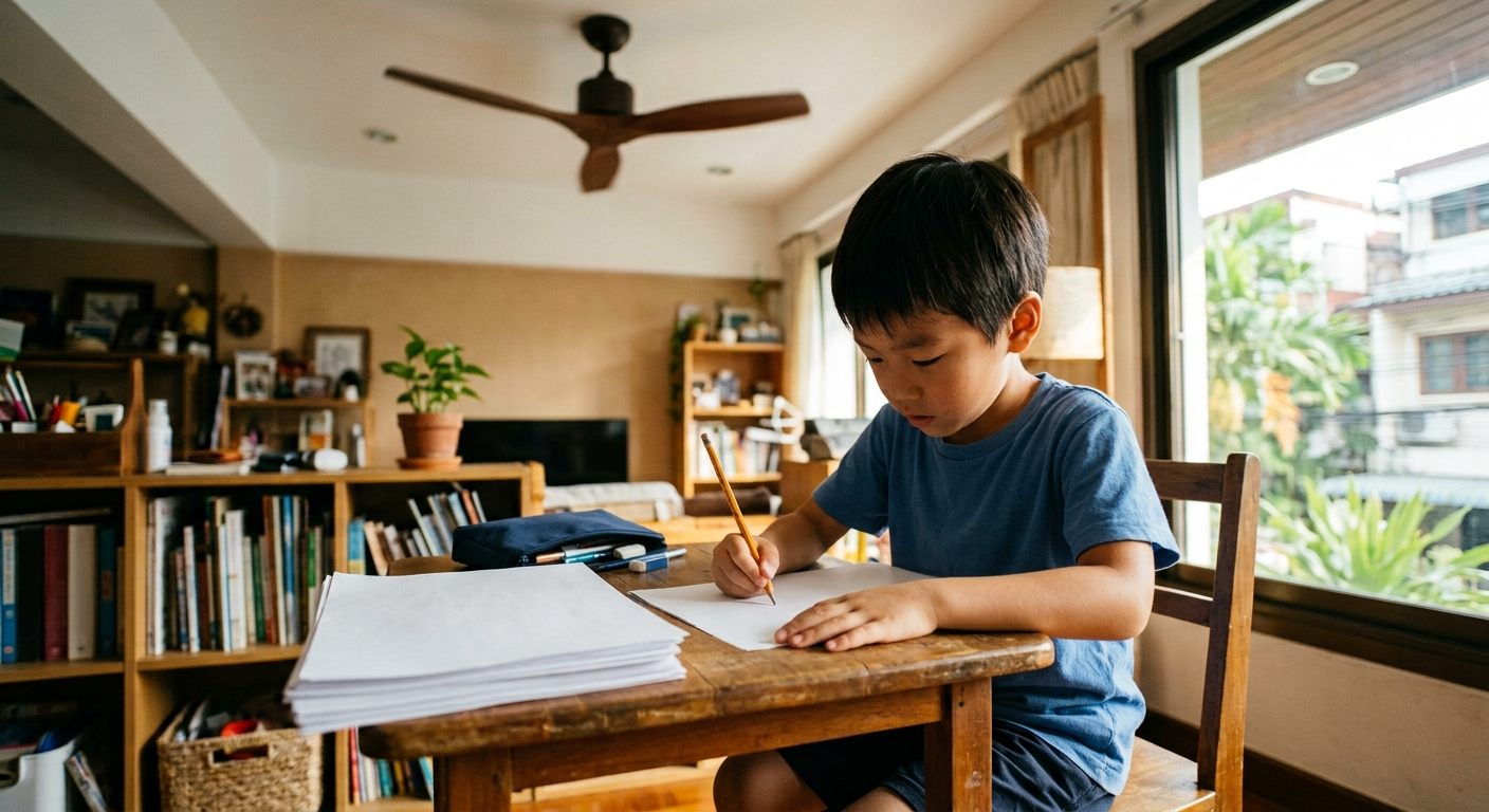 バンコクの自宅の学習スペースで、プリント教材に鉛筆で取り組む小学生の男の子