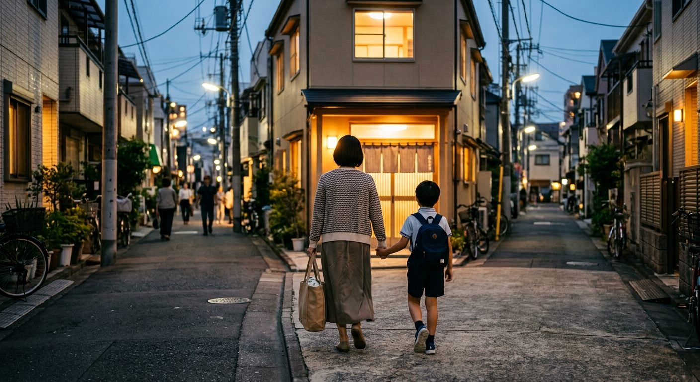 夕暮れのアジアの街で、教材の入ったトートバッグを持ち近所の教室へ歩いていく母親と息子の後ろ姿