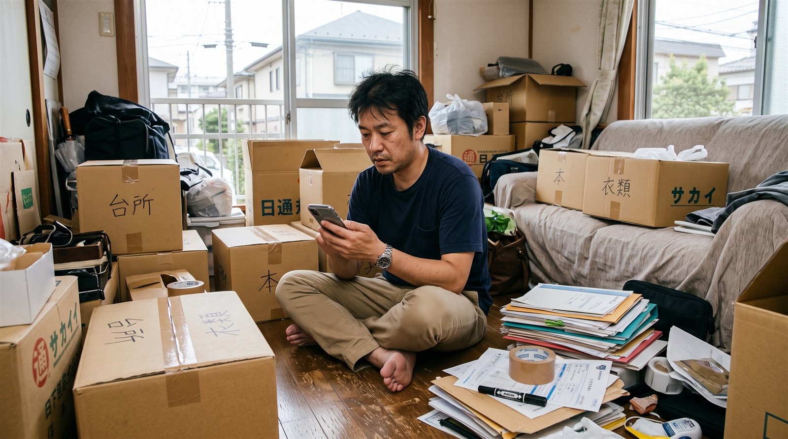 引っ越し前の日本の自宅で、段ボールに囲まれた父親がスマートフォンで受講の手続きをしている