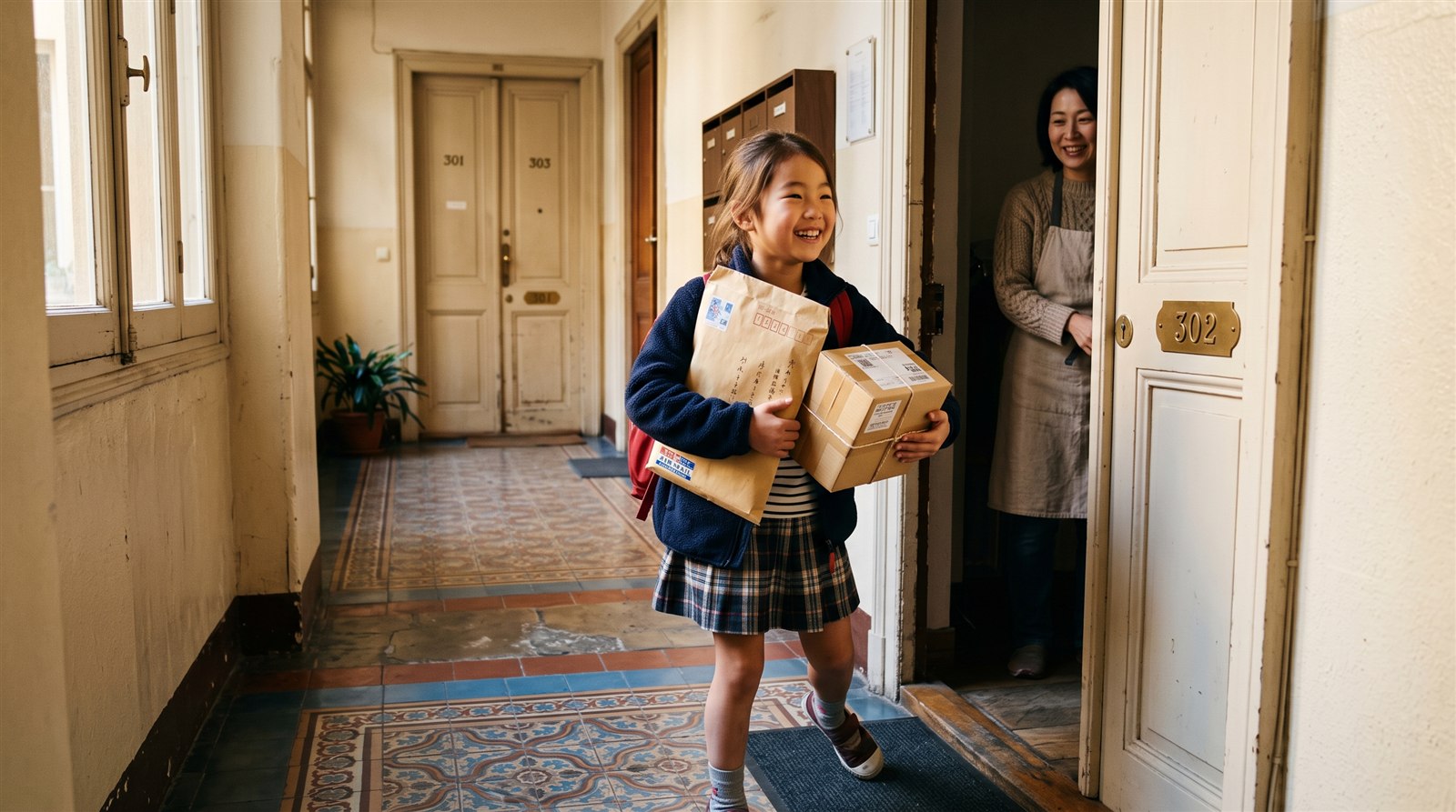 海外の集合住宅の玄関で、日本から届いた紙の教材の封筒を小学生の女の子が受け取っている