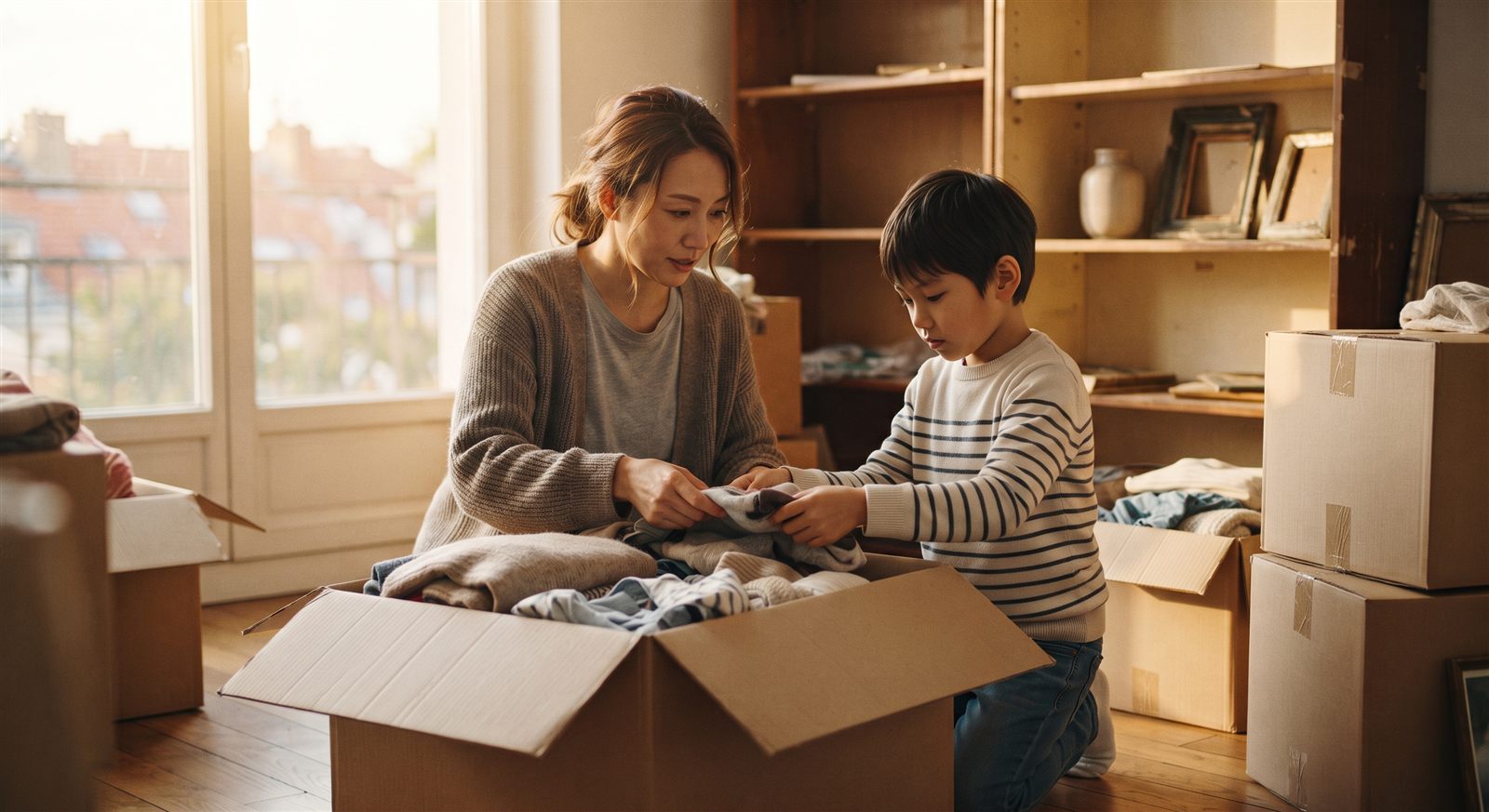 帰国の準備で段ボールに荷物を詰める親子