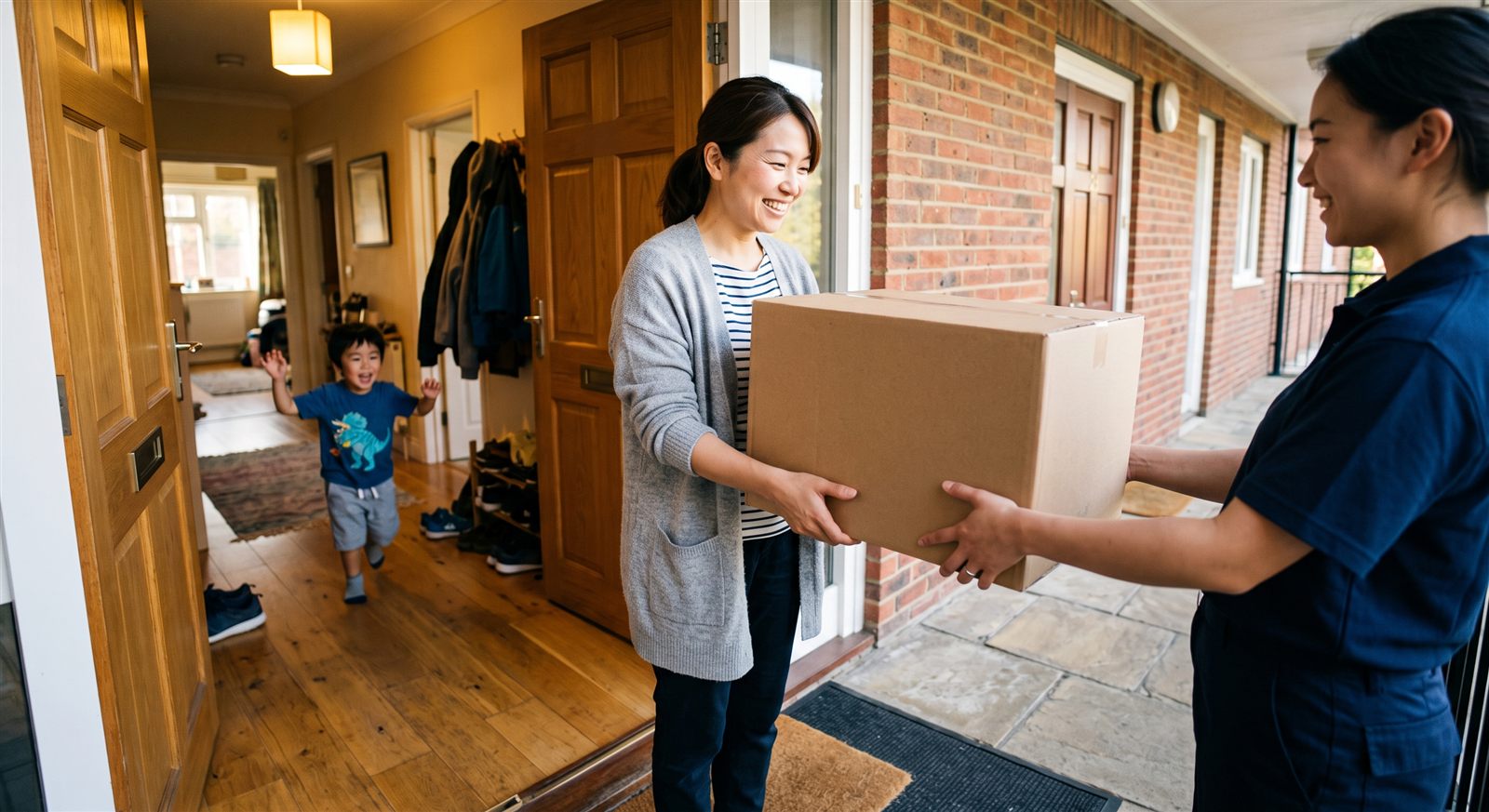 海外の住まいの玄関で教材の入った箱を受け取る母親と、奥から駆け寄ってくる幼い息子