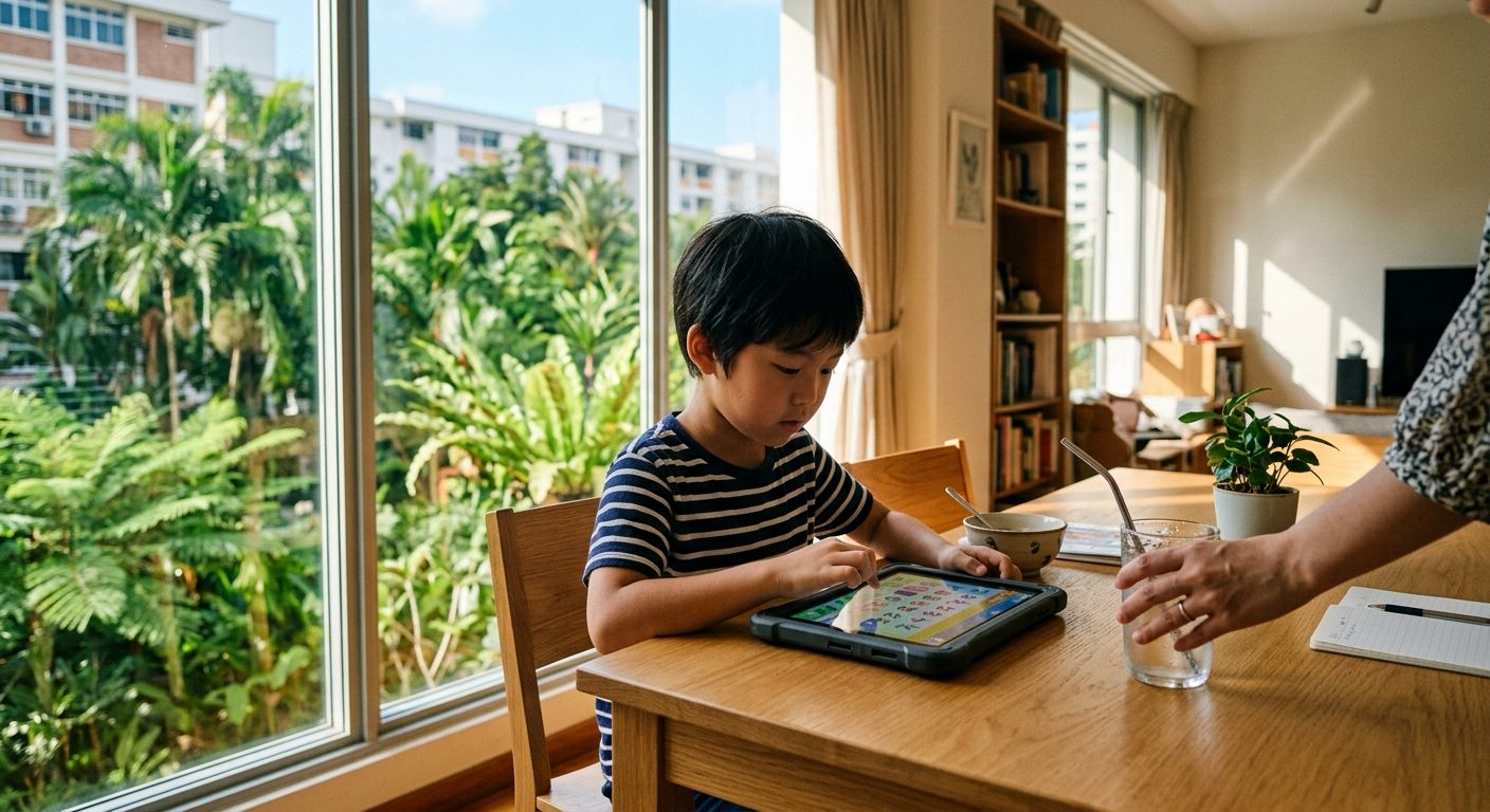シンガポールの明るいリビングでタブレット教材に取り組む小学生と、そばに飲み物を置く母親の手