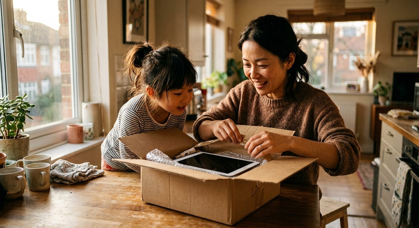 海外の住まいで日本から届いた荷物を開ける母親と、のぞき込む娘。箱の中にタブレット教材が見える