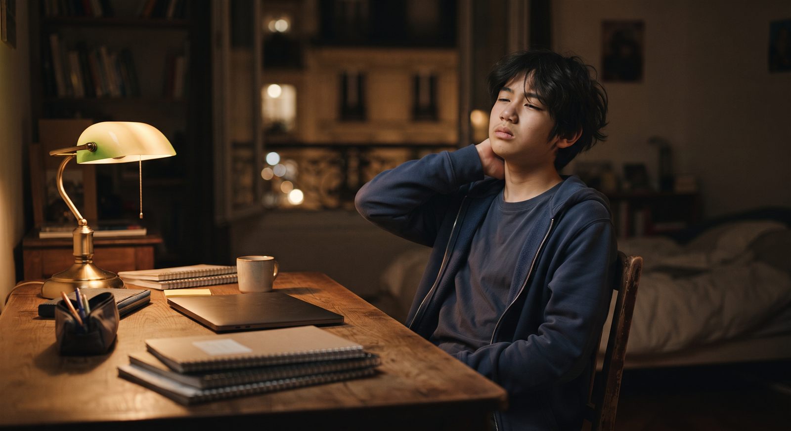 夜の自室で疲れた様子で机に向かう海外在住の中学生