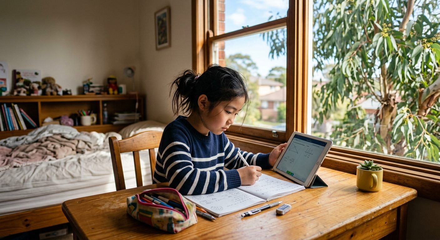 シドニーの自室で、タブレットとノートを併用して学ぶ小学生の女の子。窓の外にユーカリの木