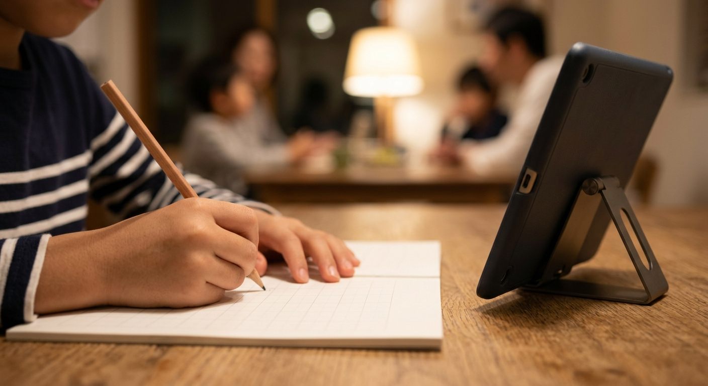 海外の自宅のダイニングで、家族の団らんのそばノートに鉛筆で書き取りをする子どもの手元