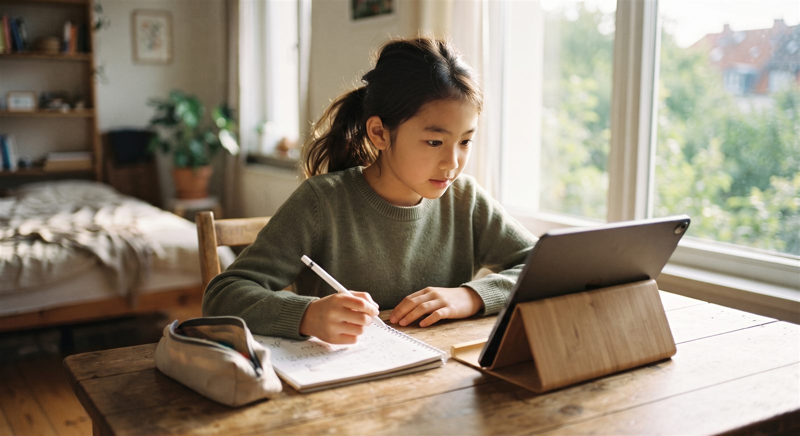 海外の自宅でタブレットとタッチペンを使って学習する小学生の女の子