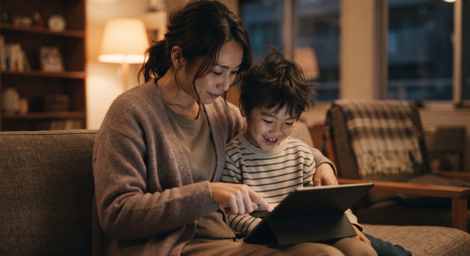 ソファでタブレットを一緒に見る母親と男の子