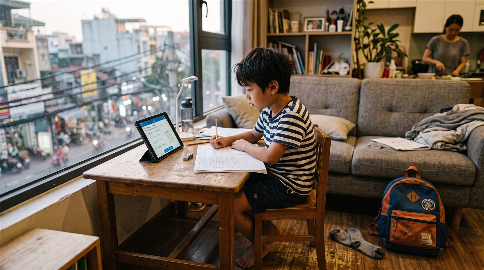 海外の自宅のリビングで、小学生の男の子がタブレットで日本の教材に取り組んでいる夕方