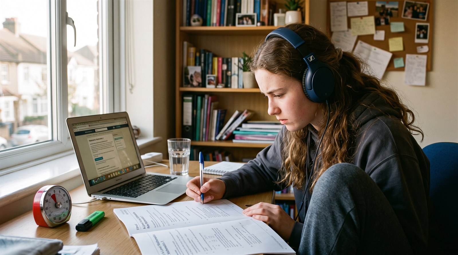 A student wearing over-ear headphones working through a printed past examination paper with a timer on the desk