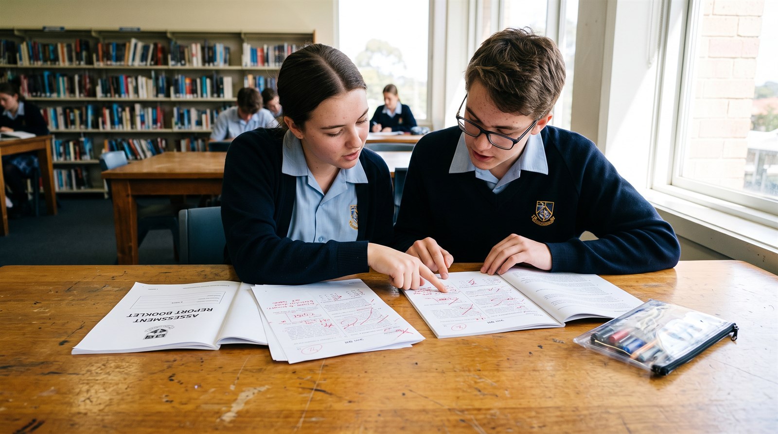 Two Year 12 students at a library table comparing examination papers marked in red pen, one pointing at a line on the page