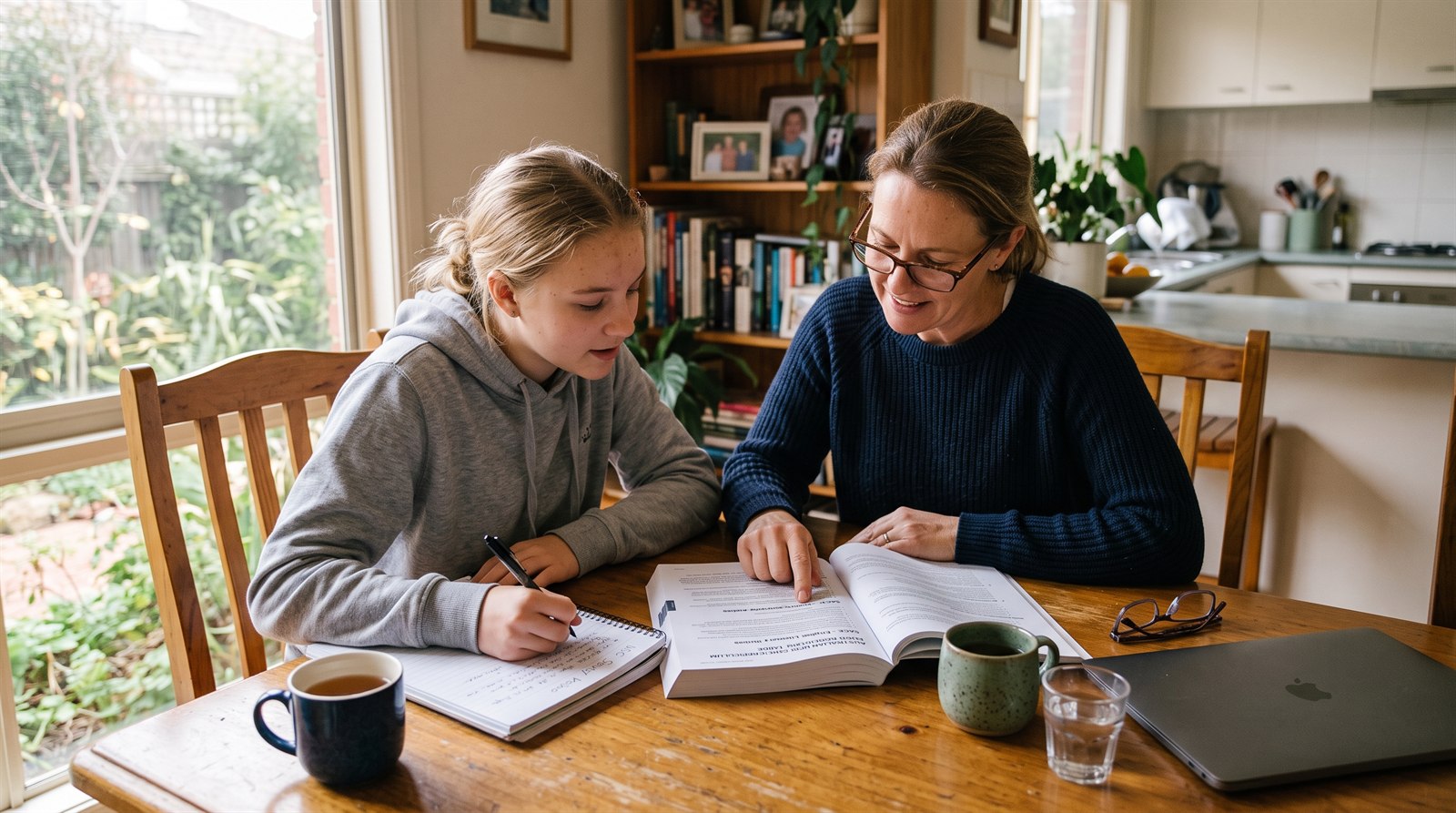 A mother and her teenage daughter reading a printed curriculum document together at a dining table with mugs of tea