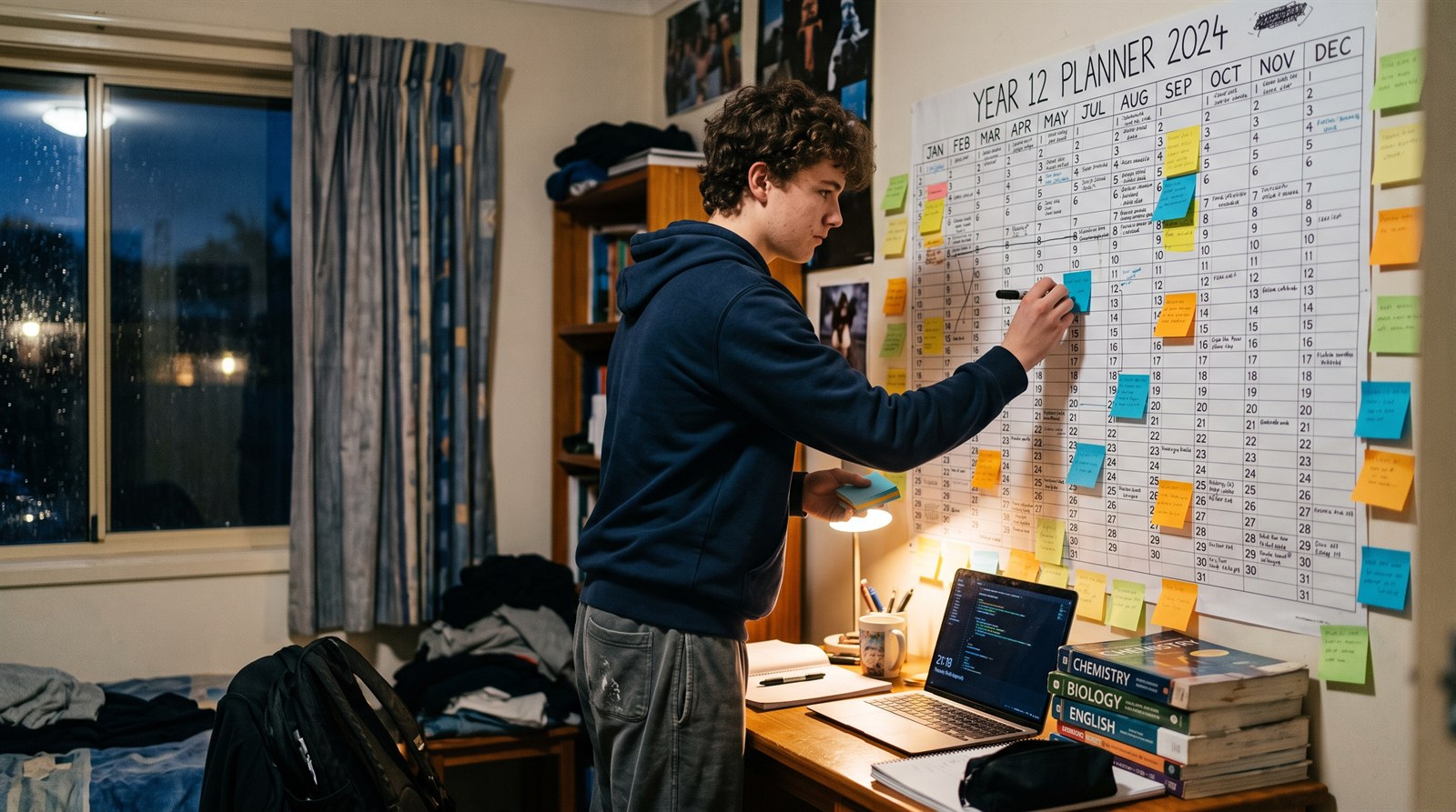 A Year 12 student placing coloured sticky notes onto a large wall year planner above a desk with an open laptop