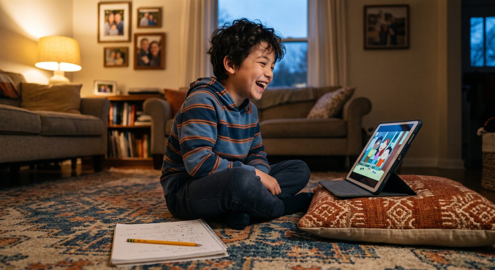 A boy laughing at an anime episode on a tablet, a notebook open beside him