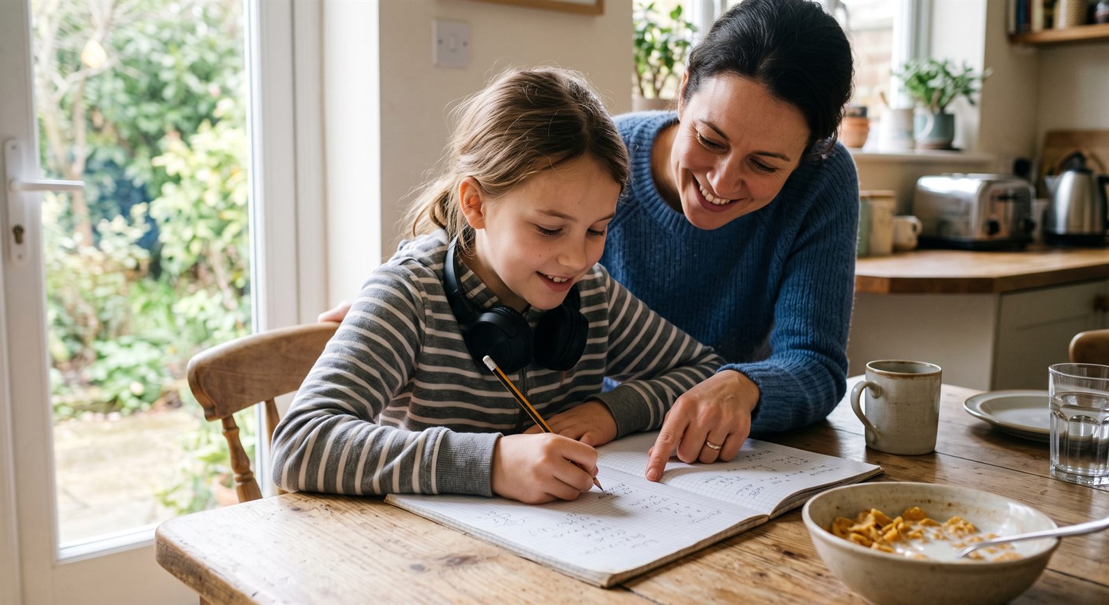 A mother helping her daughter write in a notebook at the kitchen table