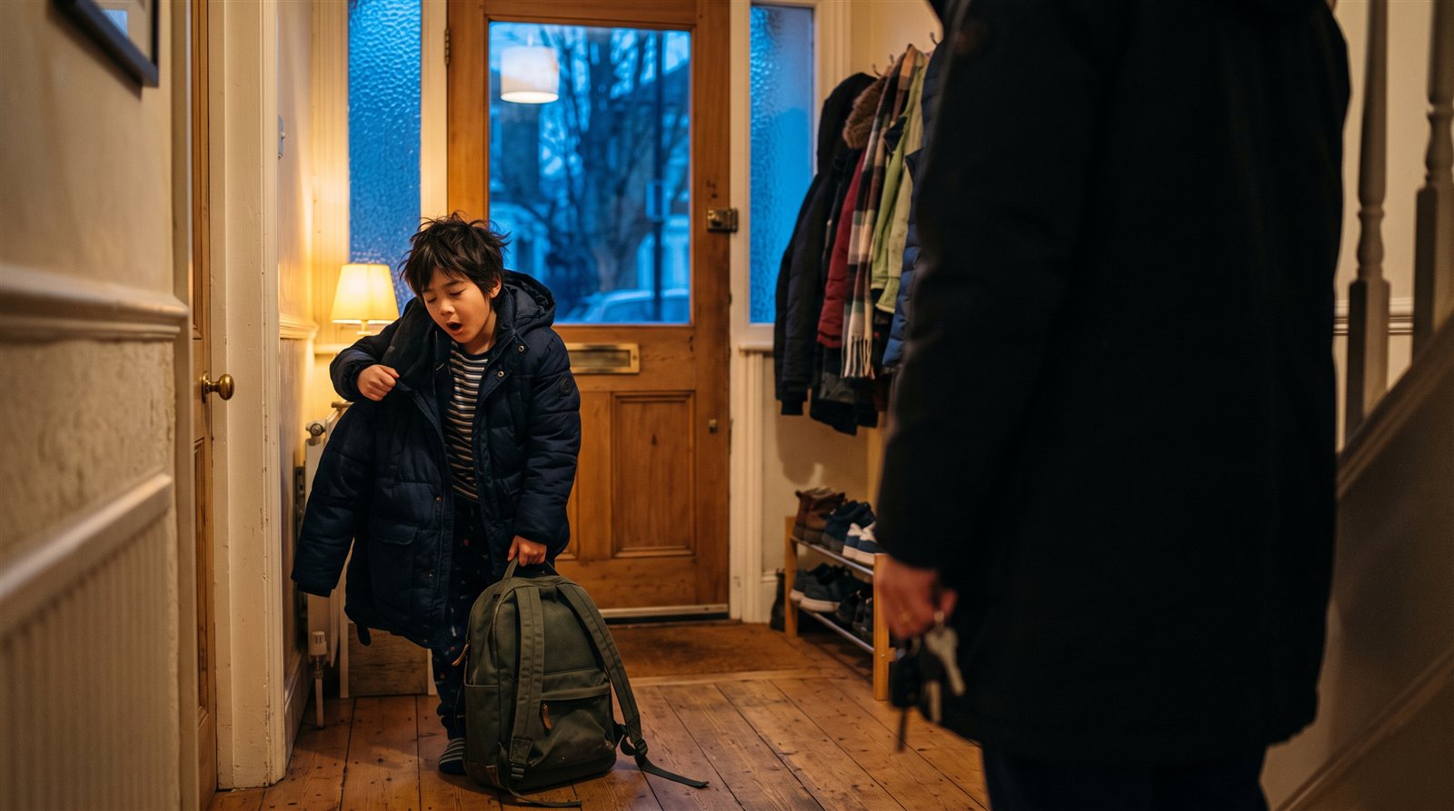 A Japanese-British child in West London getting ready early on a Saturday morning with a school bag