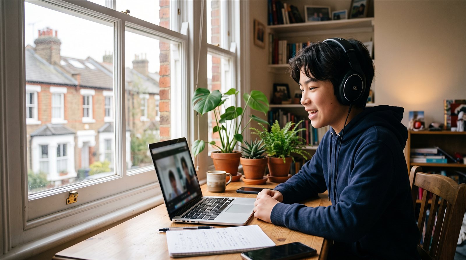 A West London child talking with friends in Japan on a laptop during an online Japanese lesson