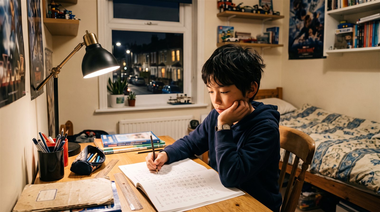 A Japanese-British child in South London doing Japanese homework at the kitchen table on a weekday evening
