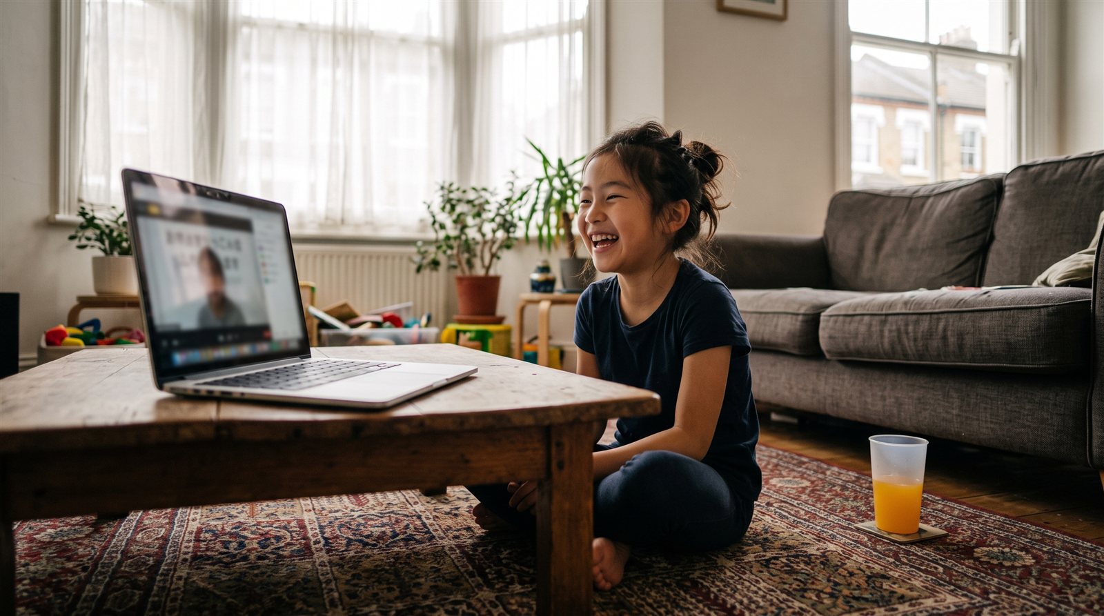 A child in South London joining an online Japanese lesson from the living room on a laptop