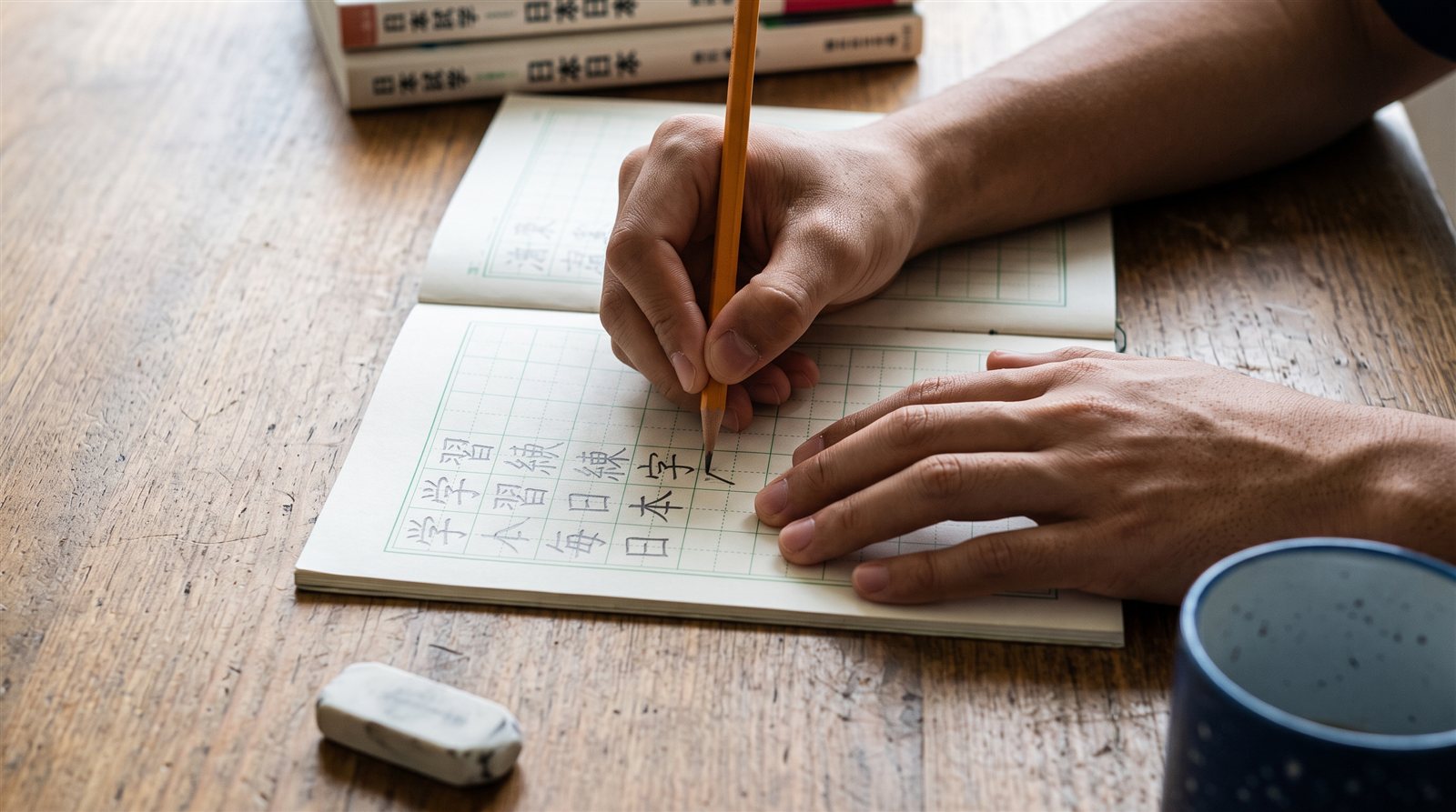 A VCE Japanese student handwriting kanji practice in a squared notebook