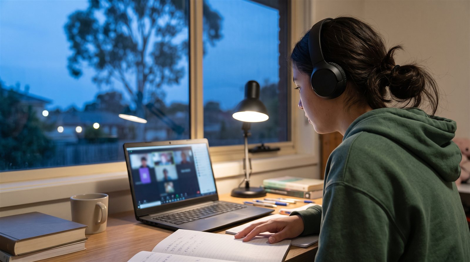 A Victorian student talking with friends in Japan on a laptop during an evening online Japanese lesson