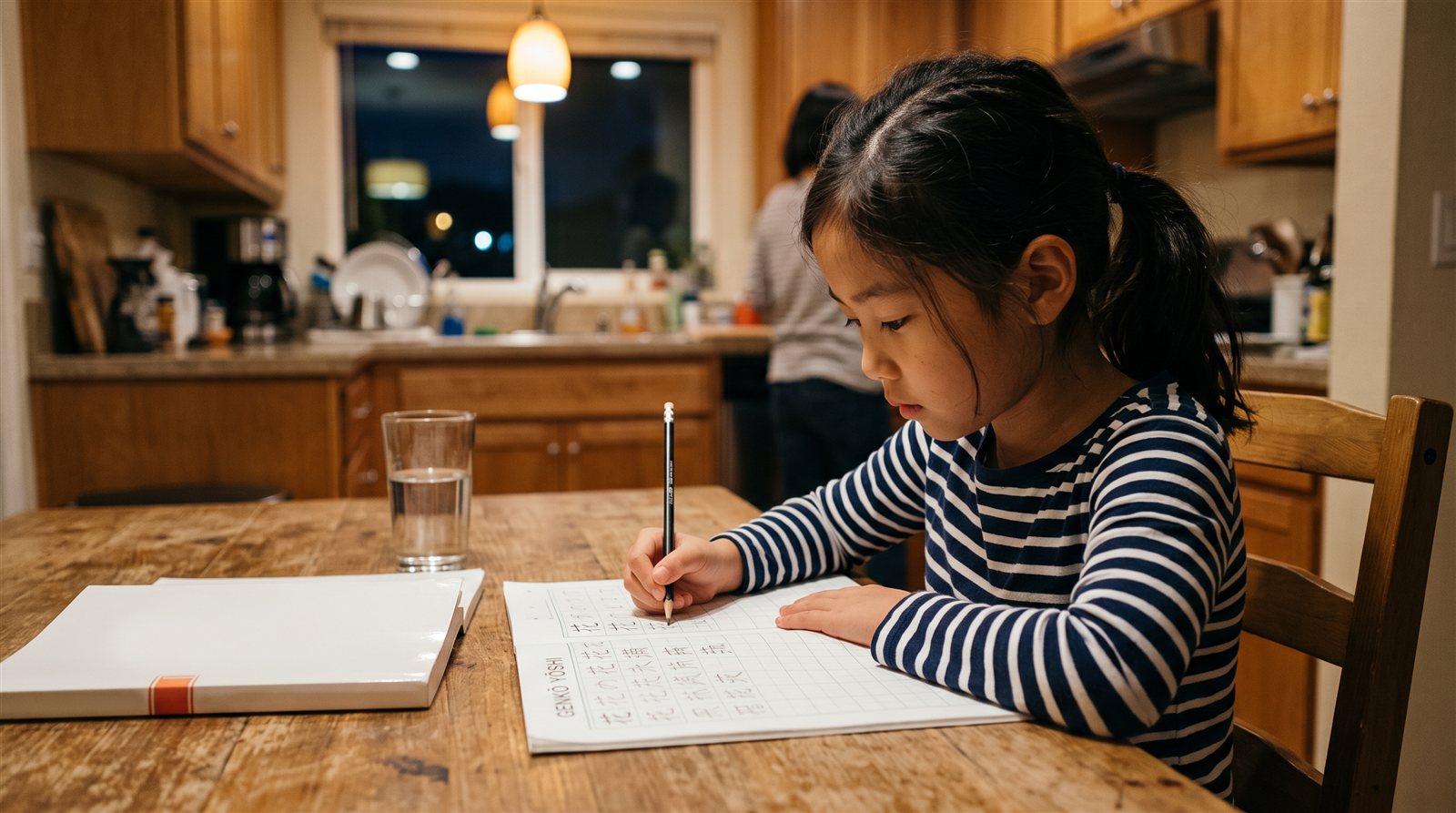 A Japanese-American child in Los Angeles practising kanji at the kitchen table on a weekday evening