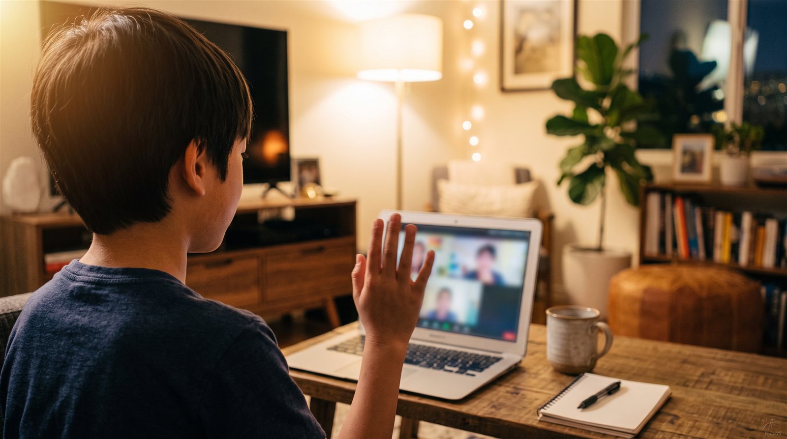 A Los Angeles child waving at friends in Japan on a laptop during an evening online Japanese lesson