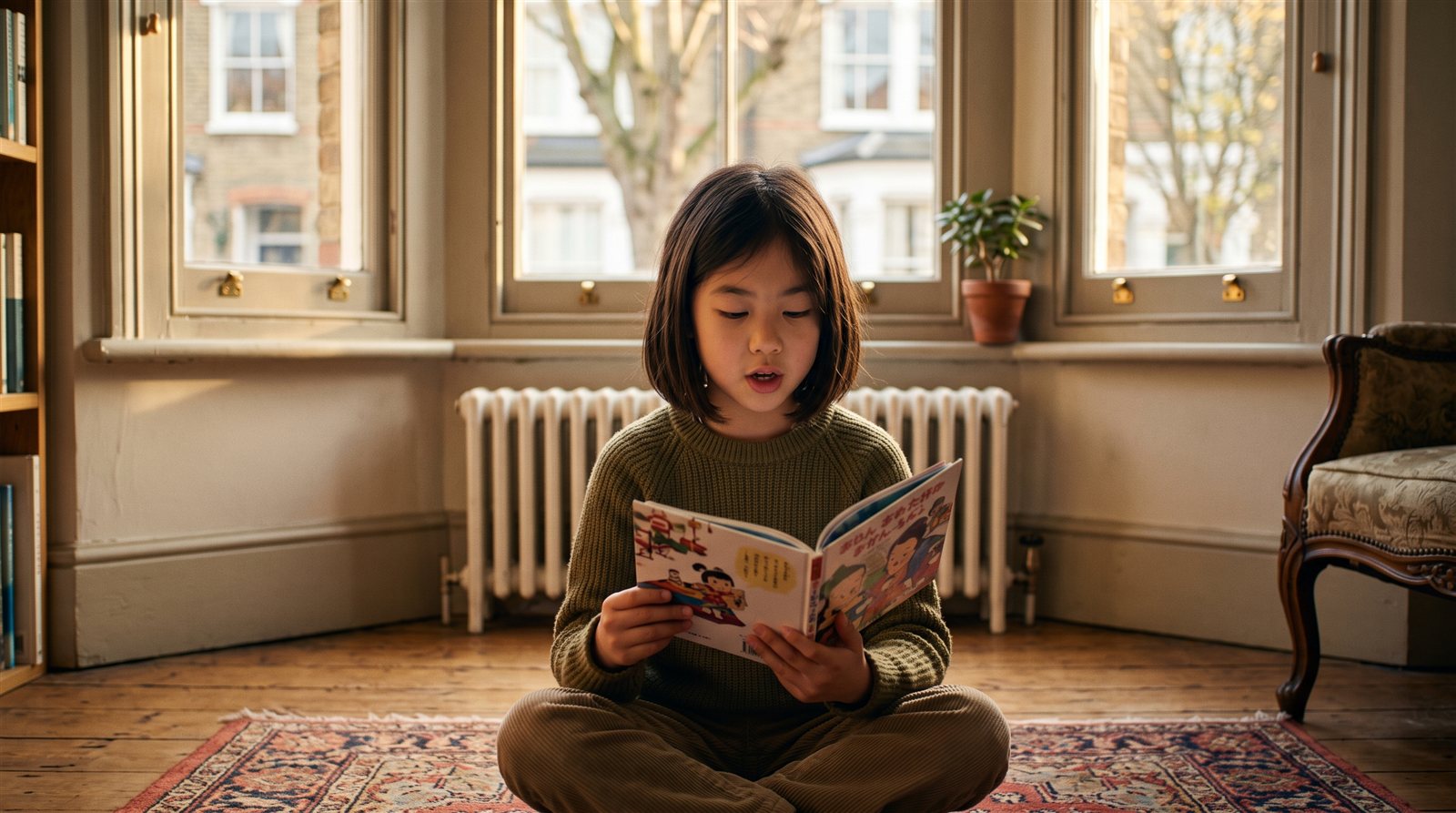 A Japanese-British child in London reading a Japanese textbook at home before Saturday school