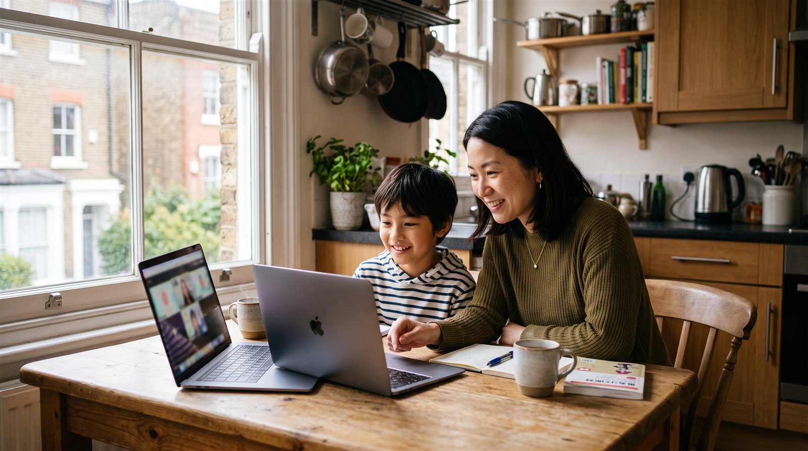 A London family joining an online Japanese lesson from home on a laptop at the kitchen table