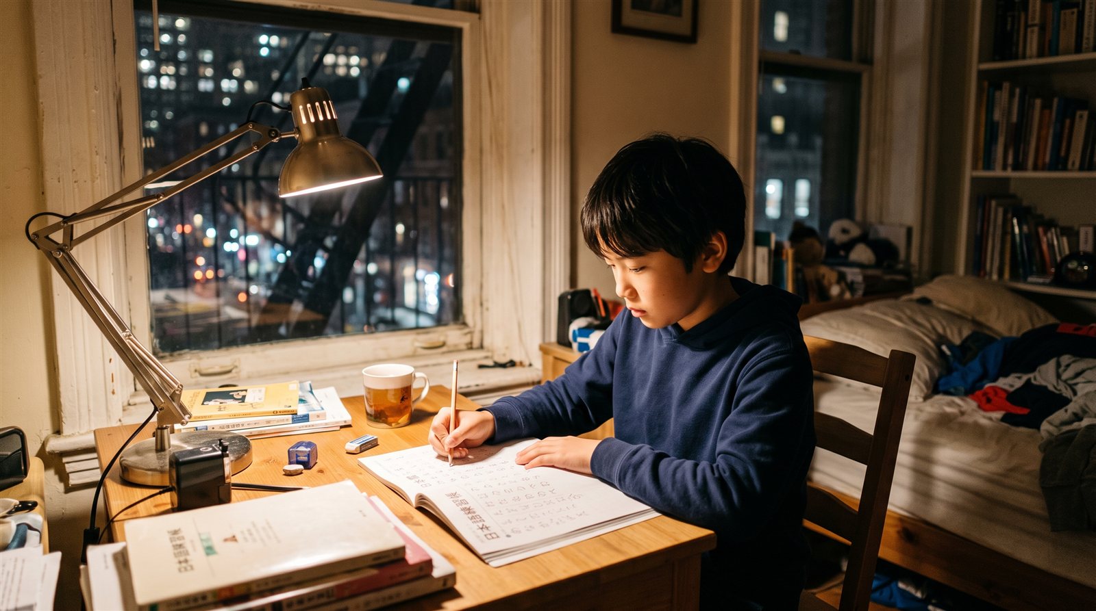 A Japanese-American child in New York working through kanji homework at home on a weekday evening