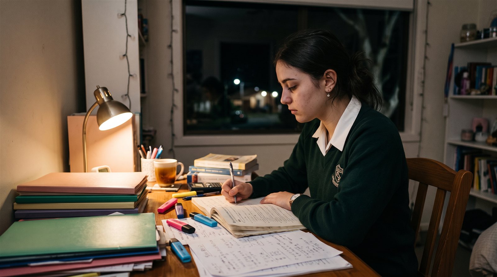 A Year 12 student in Melbourne studying VCE Japanese at a desk with textbooks and notes