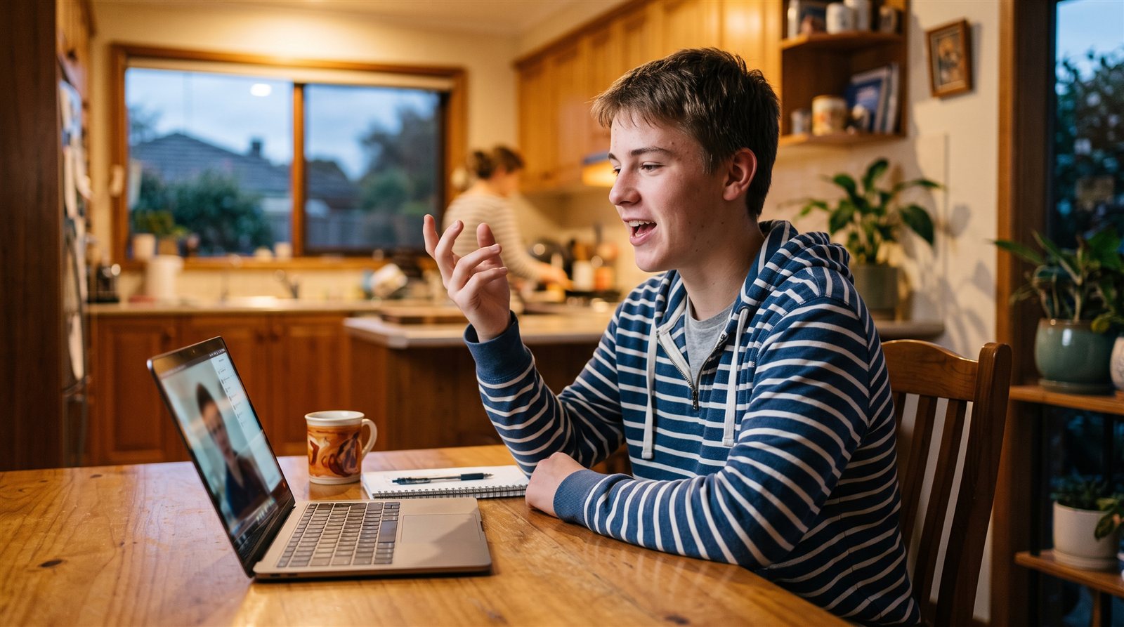 A Melbourne VCE student speaking Japanese to friends in Japan during an evening online lesson