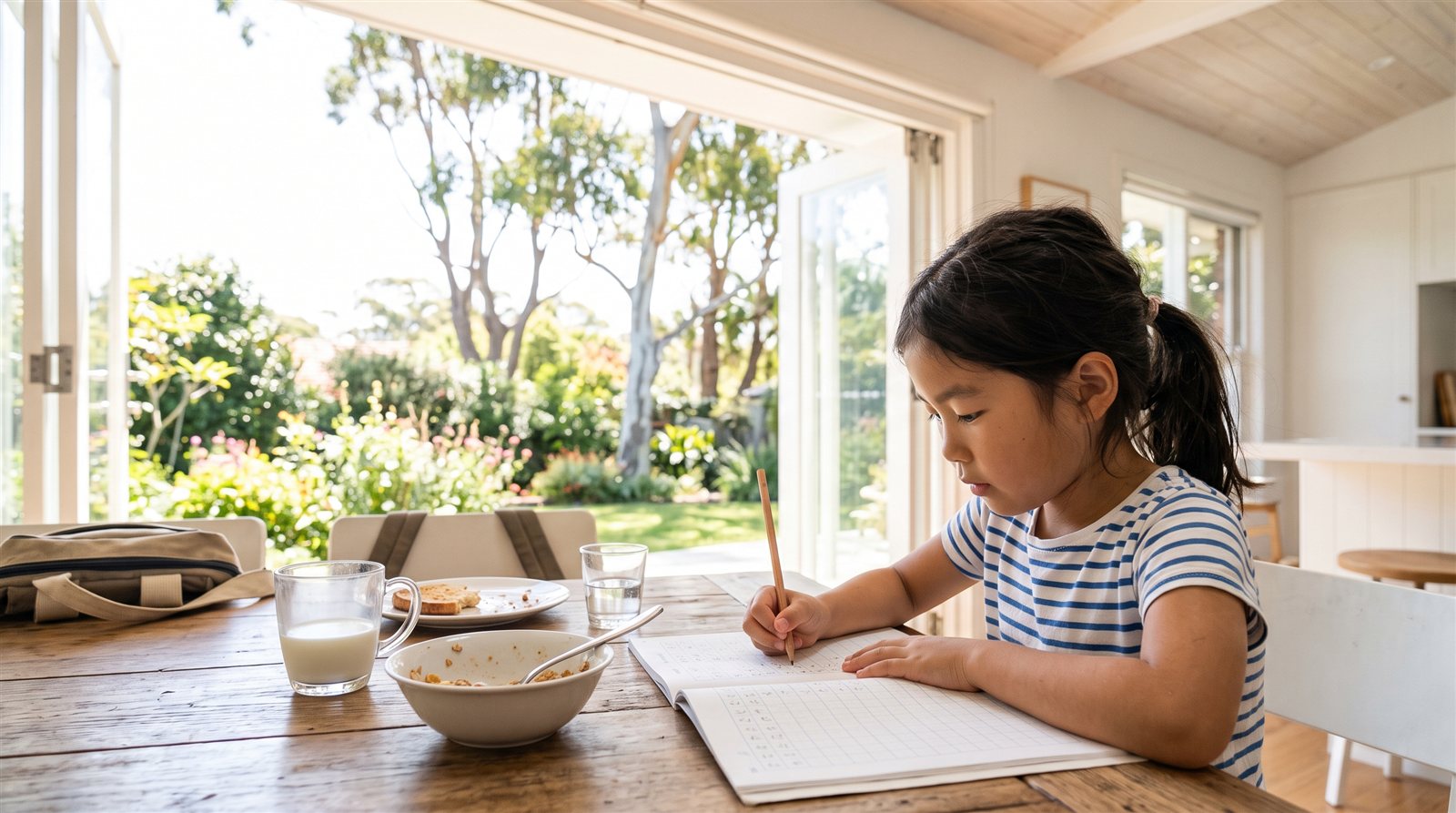 A Japanese-Australian child in Sydney reading a Japanese picture book at home