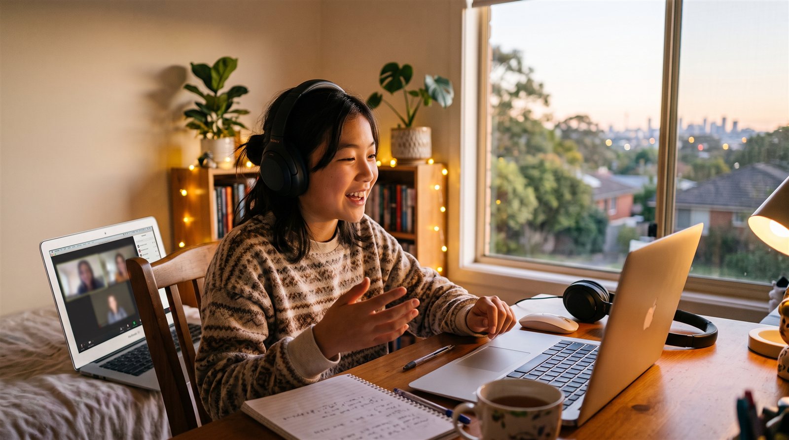 A Sydney child and parent at a laptop during an early-evening online Japanese lesson with friends in Japan