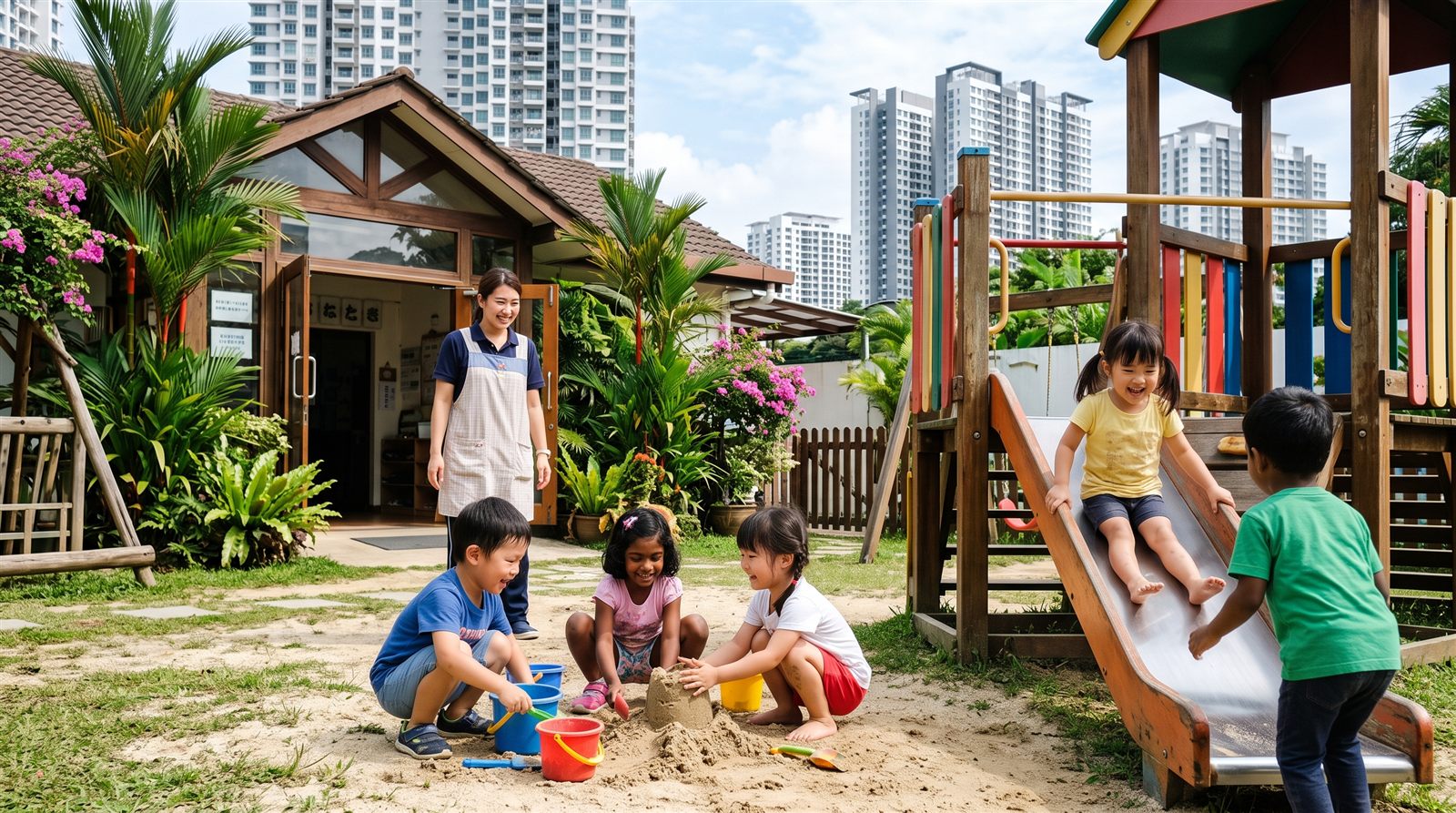 東南アジアの日系幼稚園の園庭で、砂場と滑り台で遊ぶ4〜5歳の子どもたちと見守る先生